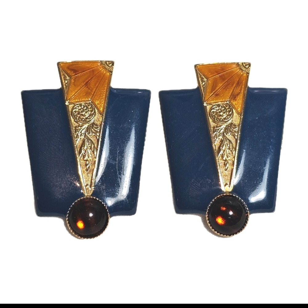 Moulin Rouge Art Deco Navy Blue Enamel Gold Tone Pierced Stud Vintage Earrings
